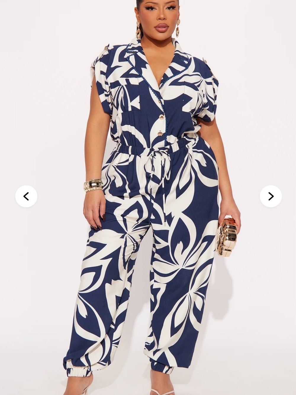 Fashion Nova Navy Blue  & Off White Floral Button-Front Jumpsuit